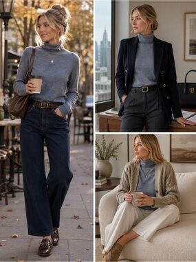 Italtempo Brand Women's Slate Blue Turtleneck Sweater — Lightweight Merino Wool